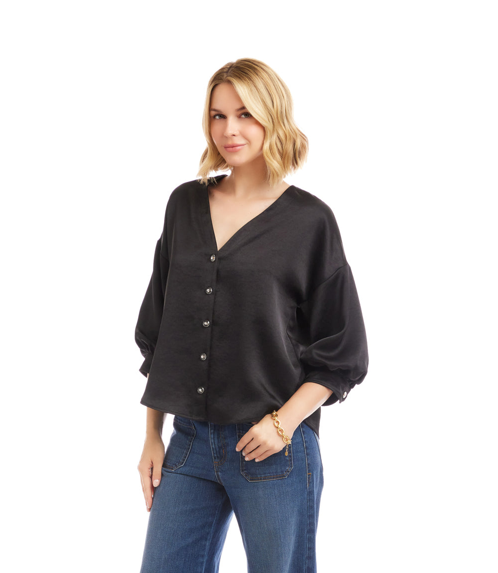 Lantern Sleeve Crystal Rhinestone Button Satin Top