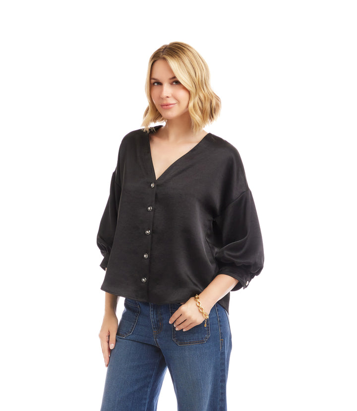 Lantern Sleeve Crystal Rhinestone Button Satin Top