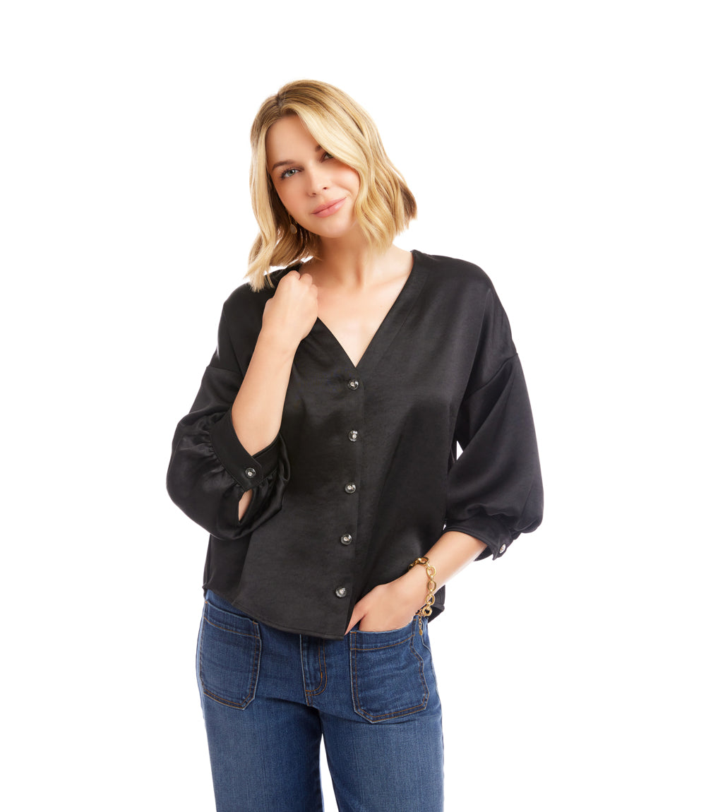 Lantern Sleeve Crystal Rhinestone Button Satin Top