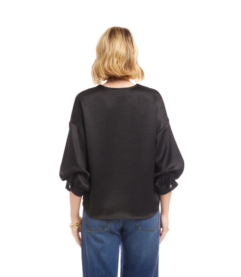 Lantern Sleeve Crystal Rhinestone Button Satin Top