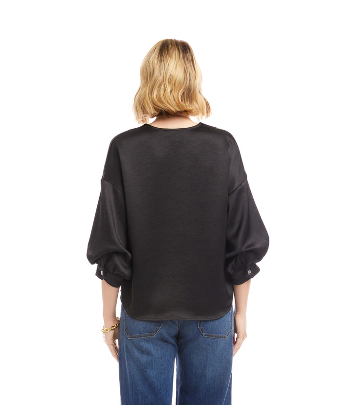 Lantern Sleeve Crystal Rhinestone Button Satin Top