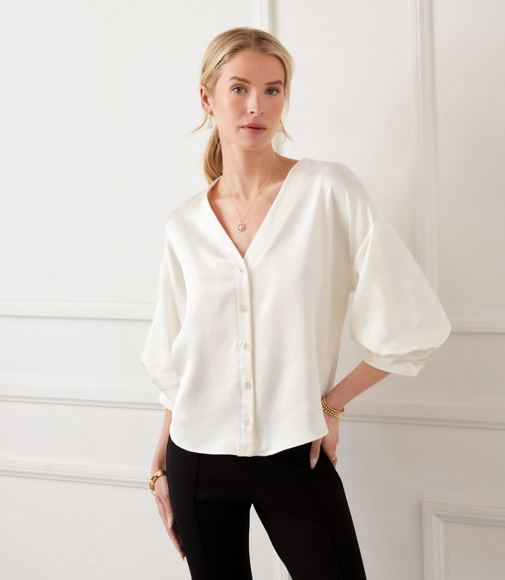 Petite Size Lantern Sleeve Crystal Rhinestone Button Satin Top