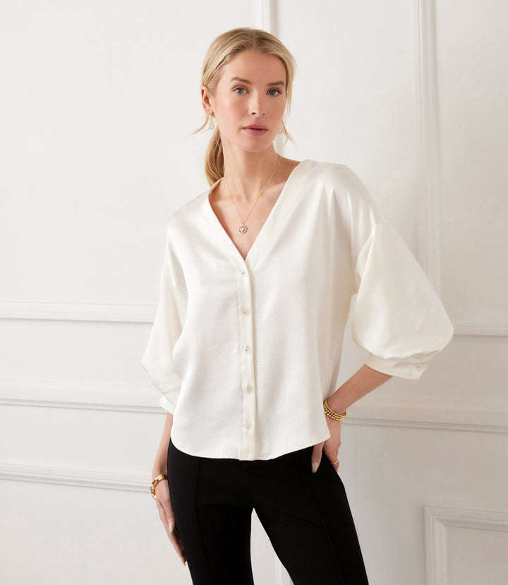 Petite Size Lantern Sleeve Crystal Rhinestone Button Satin Top