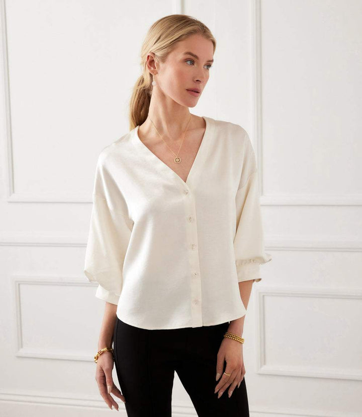 Lantern Sleeve Crystal Rhinestone Button Satin Top