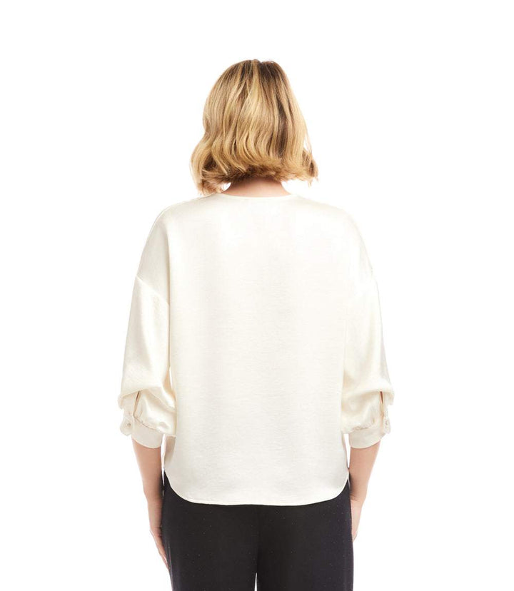 Lantern Sleeve Crystal Rhinestone Button Satin Top