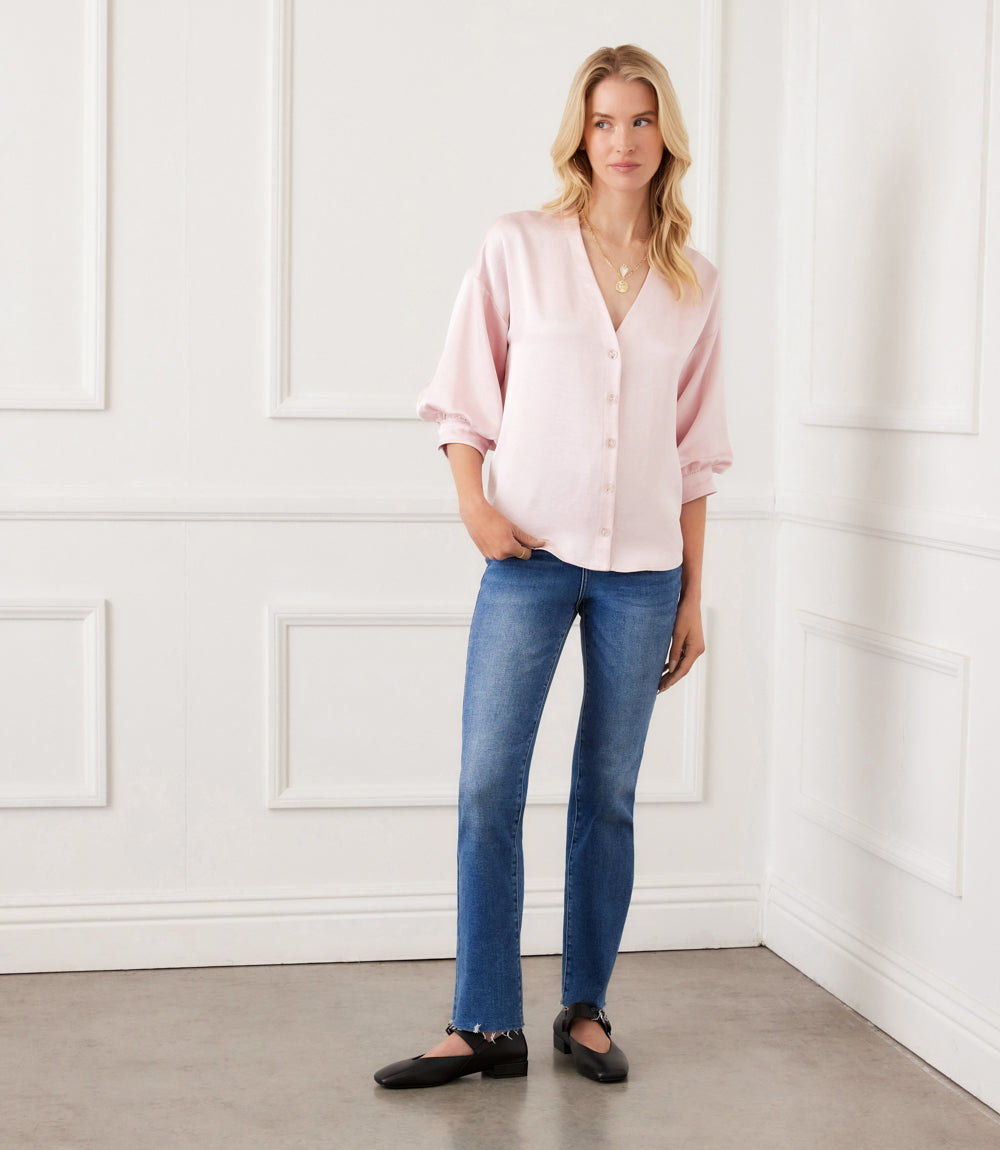 Lantern Sleeve Crystal Rhinestone Button Satin Top