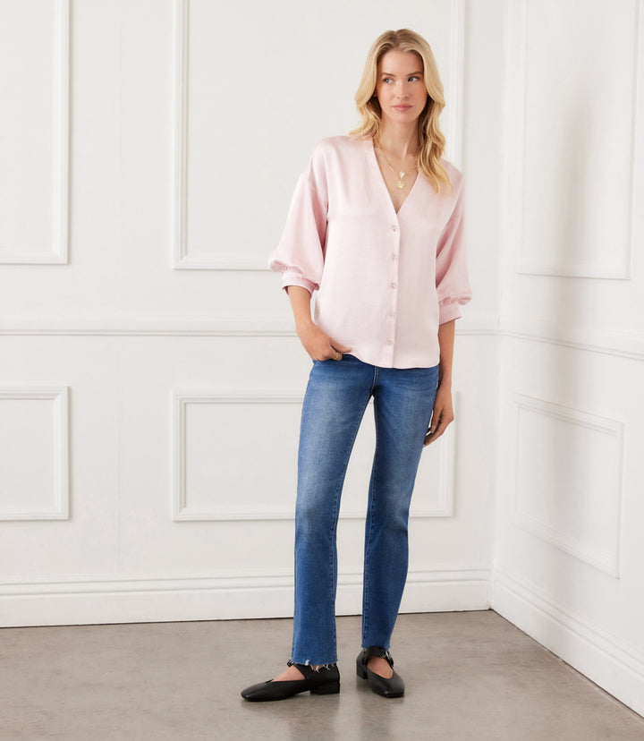 Lantern Sleeve Crystal Rhinestone Button Satin Top