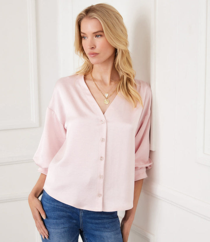 Lantern Sleeve Crystal Rhinestone Button Satin Top