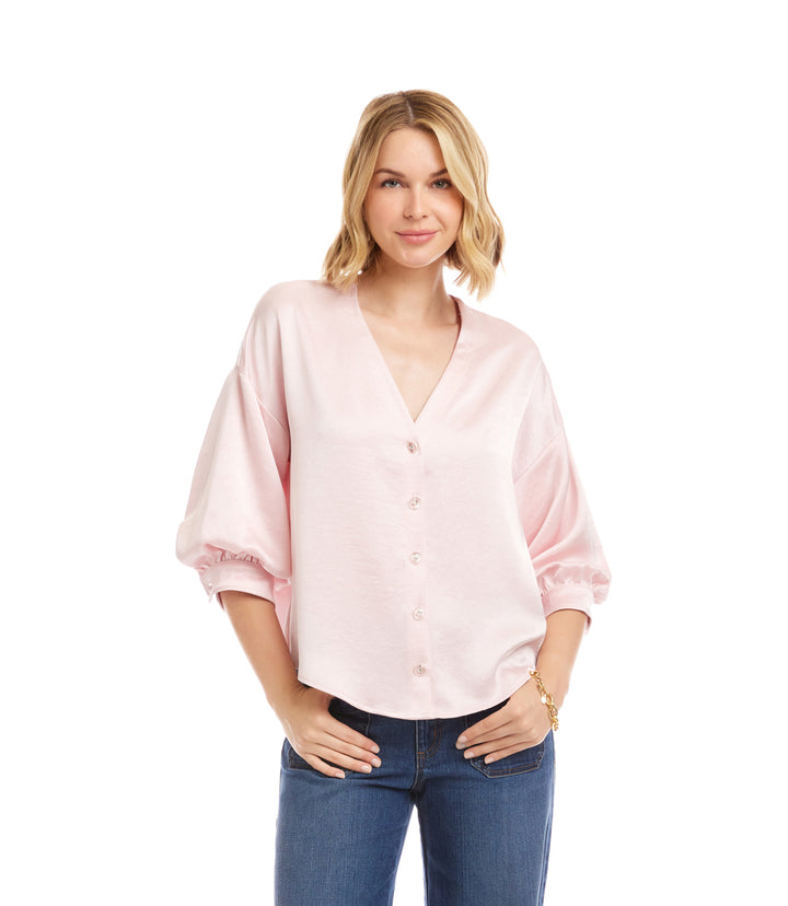 Lantern Sleeve Crystal Rhinestone Button Satin Top