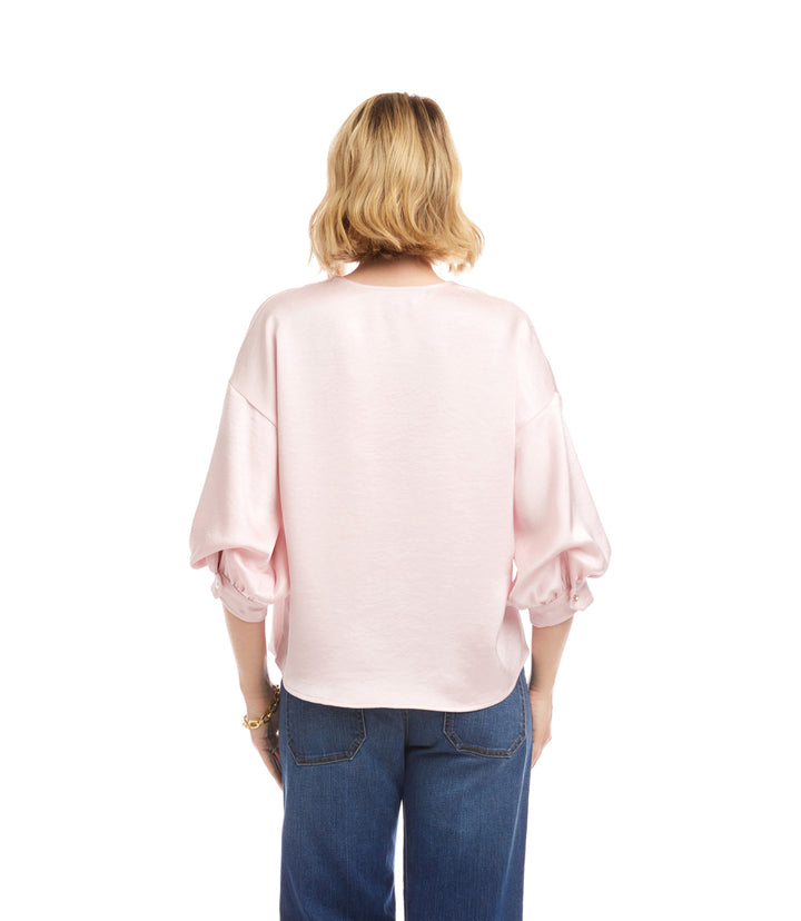 Lantern Sleeve Crystal Rhinestone Button Satin Top