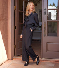Long Sleeve Satin Bow Top with tie-neck and button cuffs in elegant satin fabric