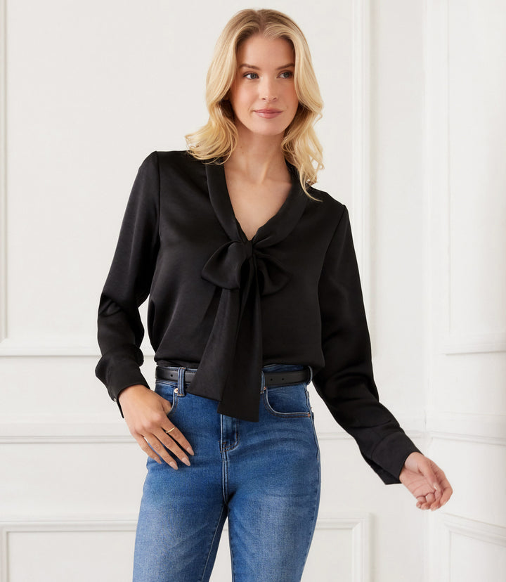 Long Sleeve Satin Bow Top