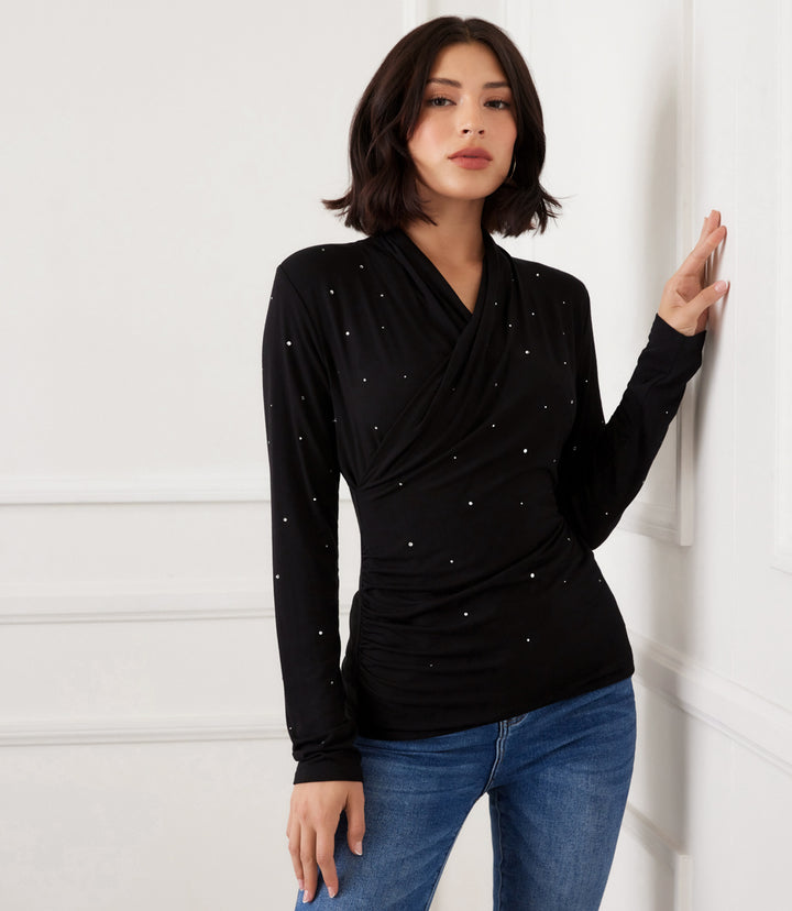 Petite Size Long Sleeve Embellished Drape Front Crossover Top
