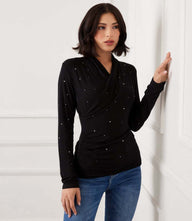 Petite long sleeve embellished top with draped crossover V-neck and rhinestone details