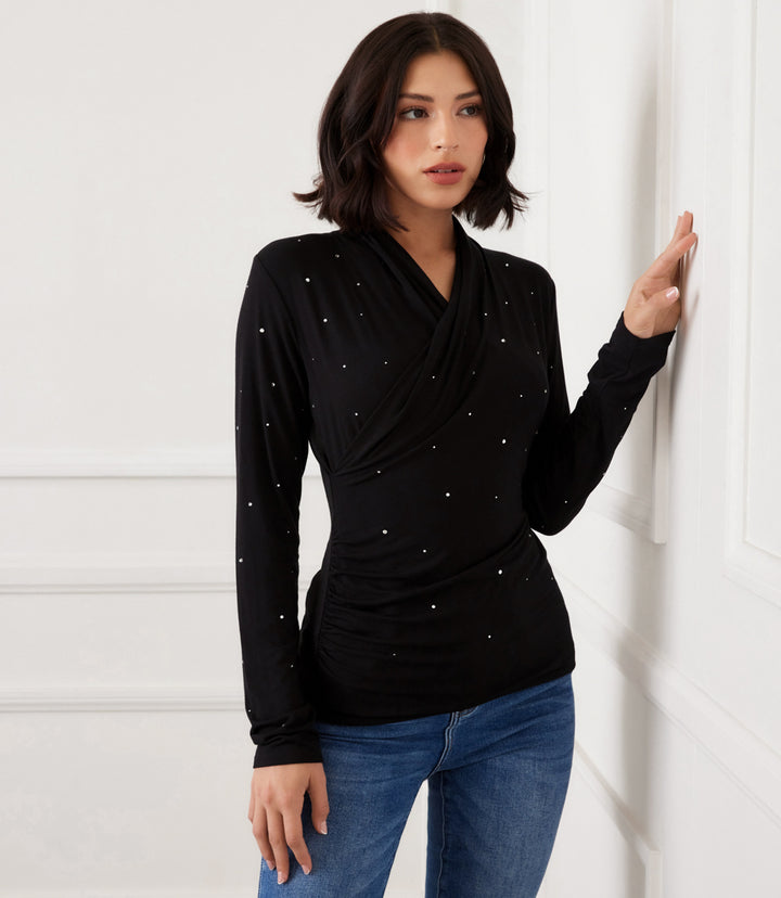 Petite Size Long Sleeve Embellished Drape Front Crossover Top