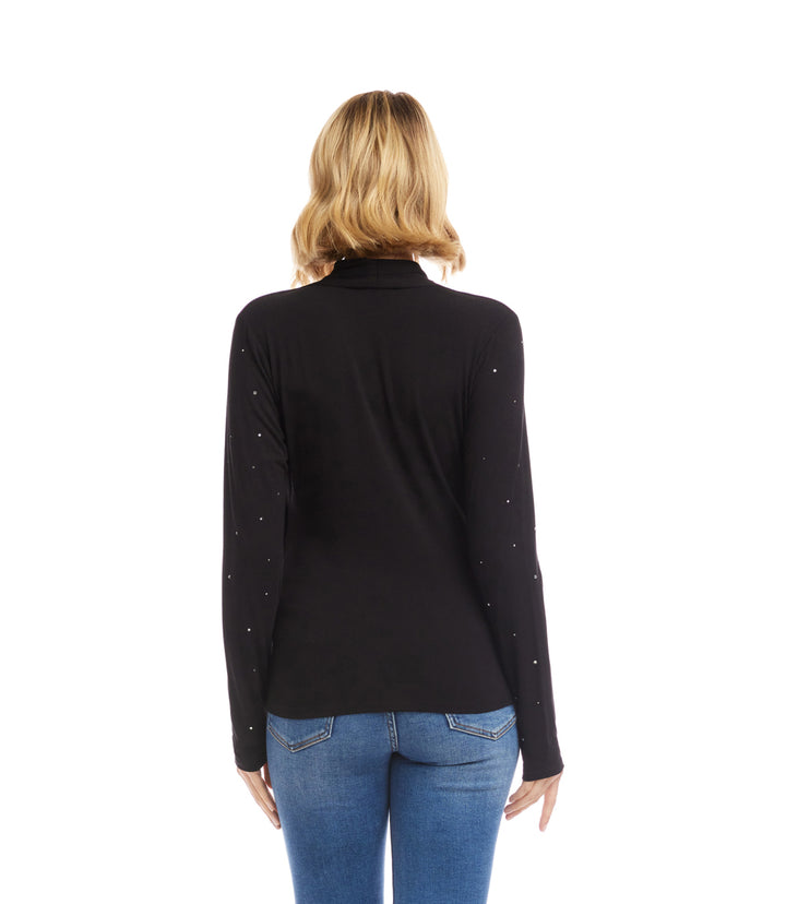 Petite Size Long Sleeve Embellished Drape Front Crossover Top