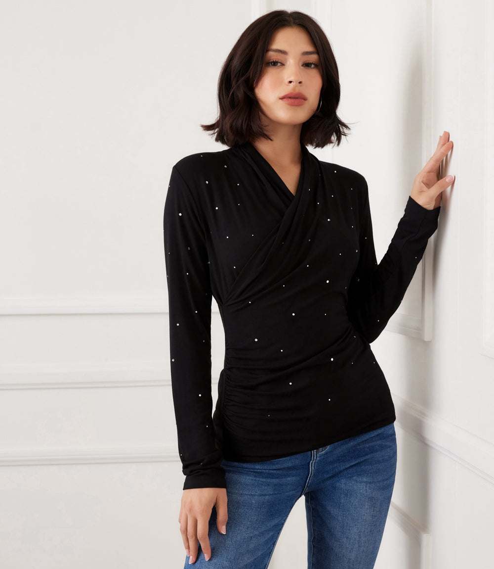 Long Sleeve Embellished Drape Front Crossover Top