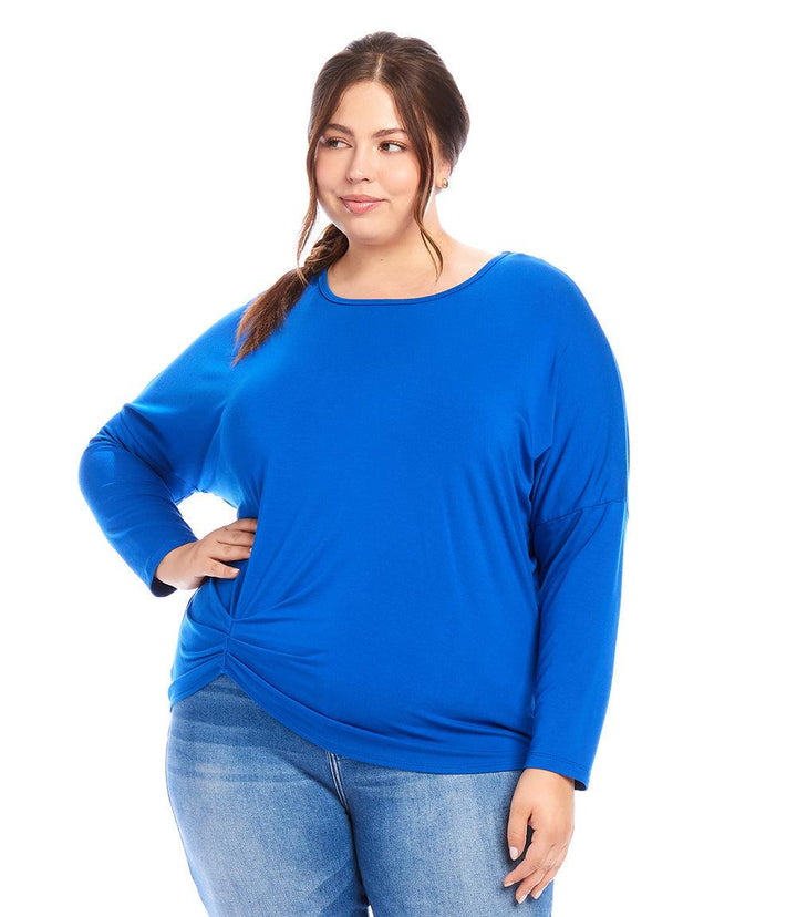 Plus size blue pick up top with twist front hem and boat neck, made from soft rayon spandex blend.
