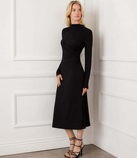 Long Sleeve Side-Shirred Dress - Elegant & Comfortable Midi Length Karen Kane Long Sleeve Side-Shirred Dress - Elegant & Comfortable Midi Length Karen Kane