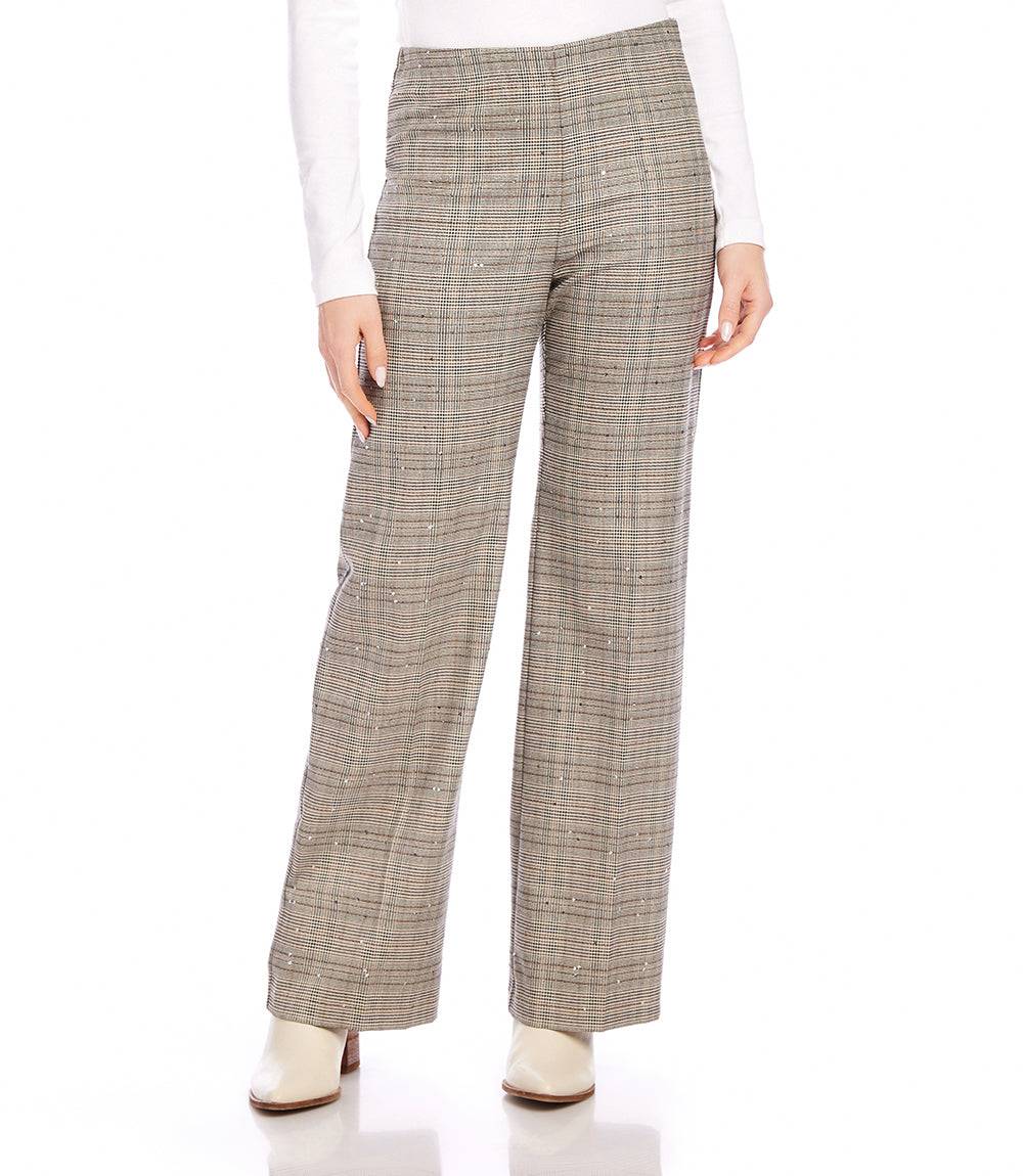 Wide-leg sequin plaid pants with embroidered shimmer, high-rise fit, and zipper closure for a professional yet elegant look.