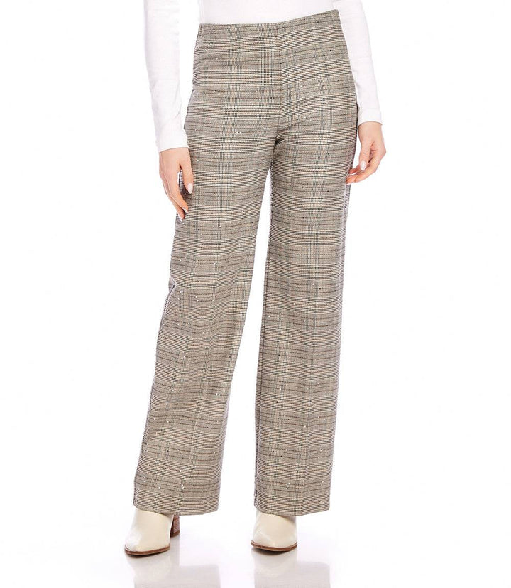 Wide-leg sequin plaid pants with embroidered shimmer, high-rise fit, and zipper closure for a professional yet elegant look.