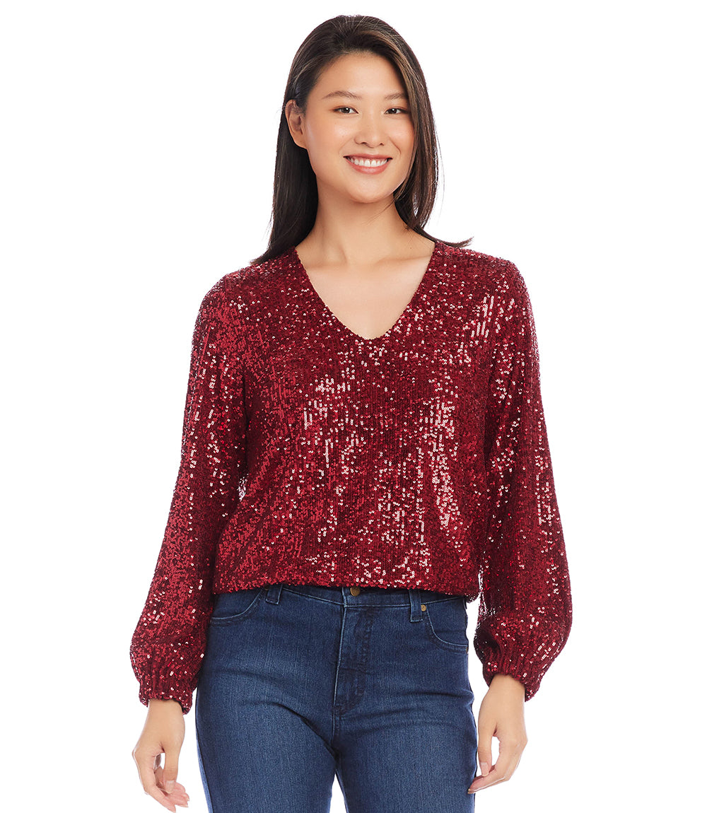 Blouson Sleeve Sequin V-Neck Top