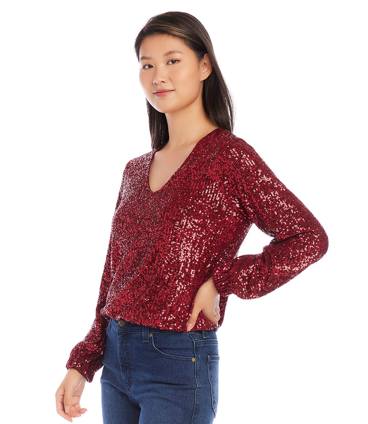 Blouson Sleeve Sequin V-Neck Top