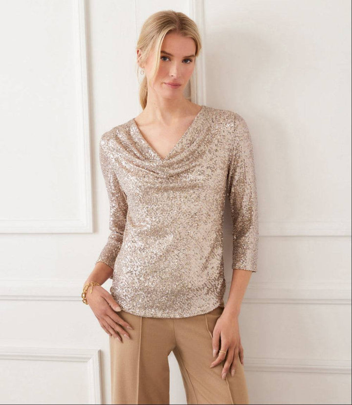 Petite size sequin mesh top with drape front and 3/4 sleeves
