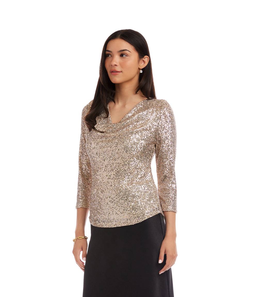 Petite Size 3/4 Sleeve Drape Front Sequin Top