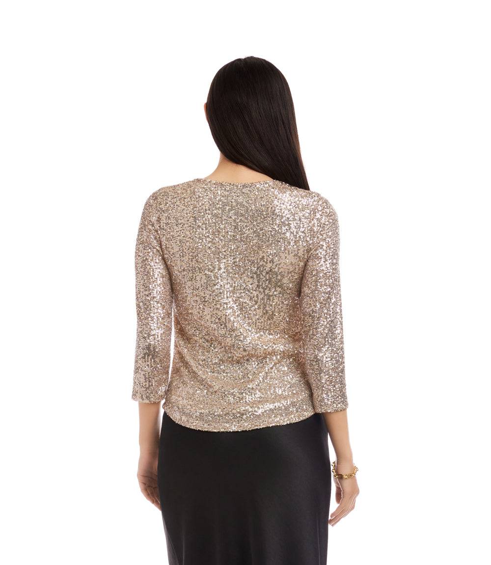 Petite Size 3/4 Sleeve Drape Front Sequin Top