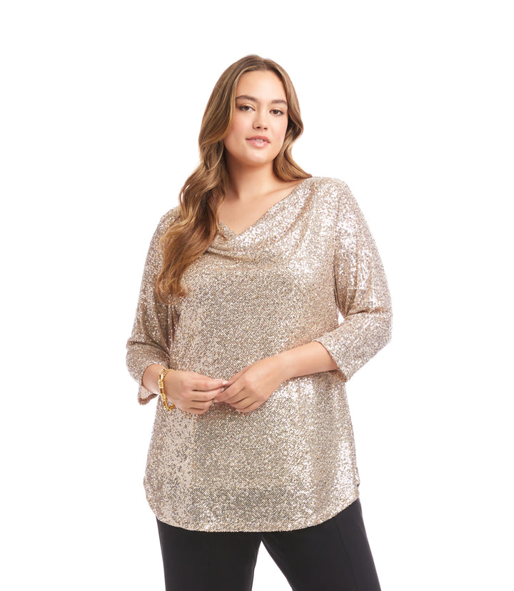 Plus Size 3/4 Sleeve Drape Front Sequin Top