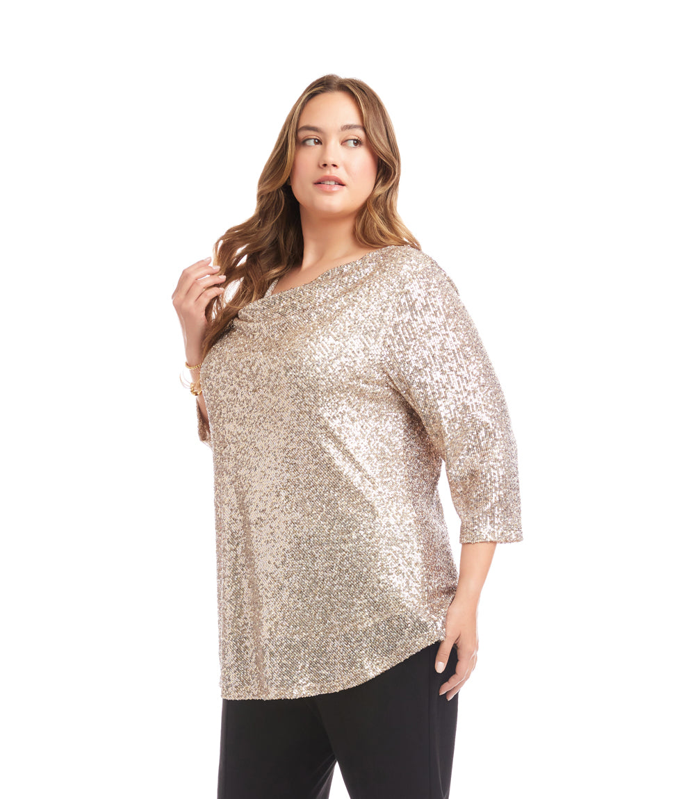 Plus Size 3/4 Sleeve Drape Front Sequin Top