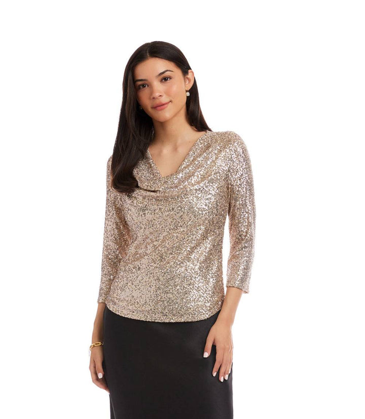 3/4 Sleeve Drape Front Sequin Top