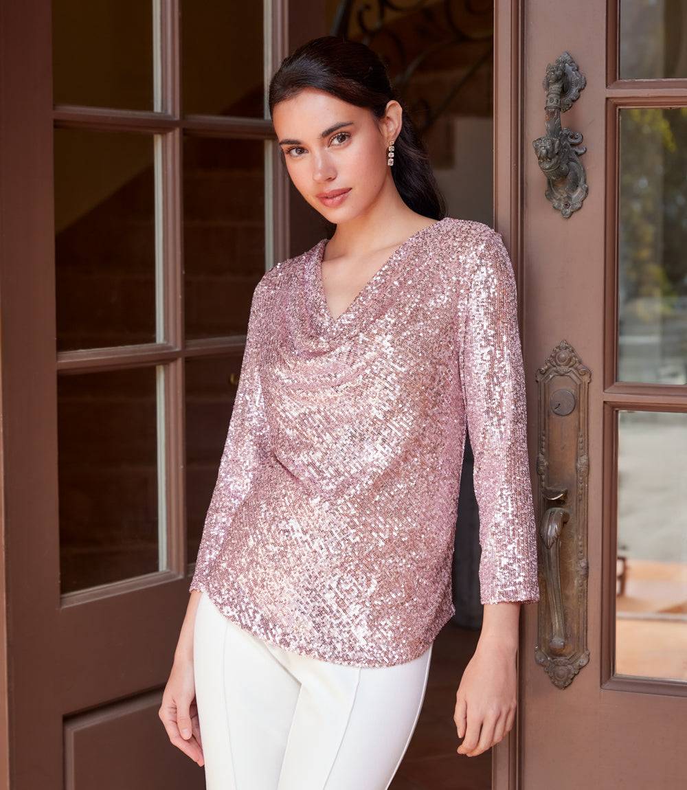 3/4 Sleeve Drape Front Sequin Top