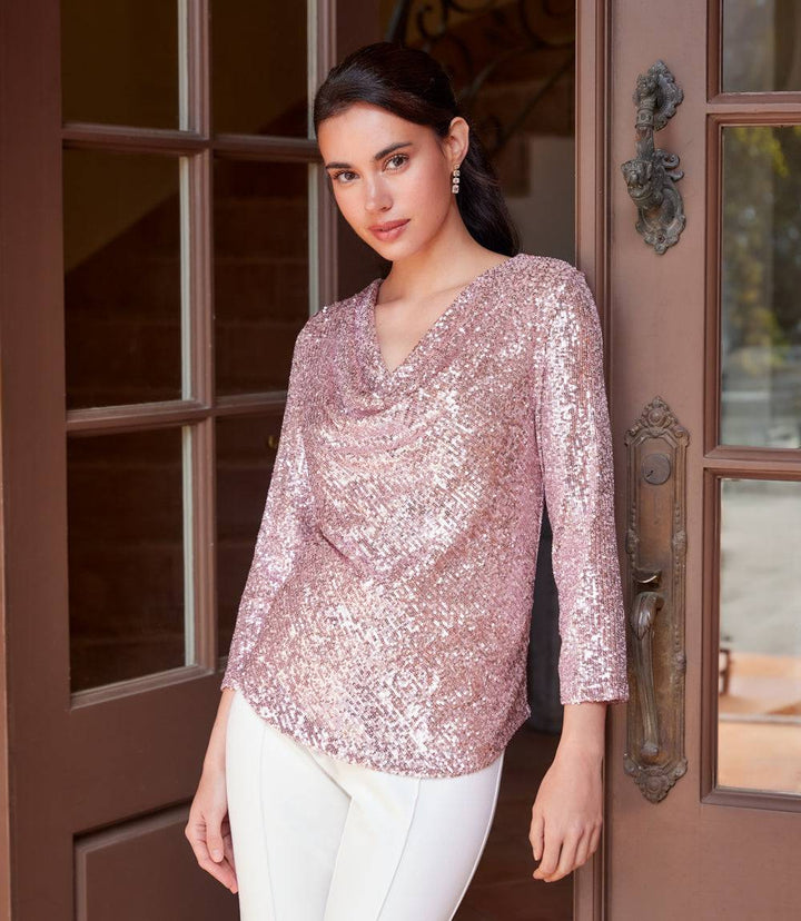 3/4 Sleeve Drape Front Sequin Top