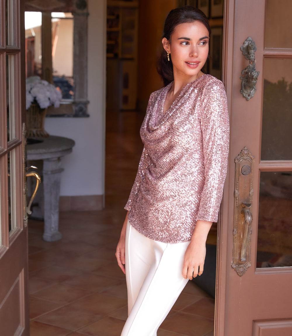 3/4 Sleeve Drape Front Sequin Top