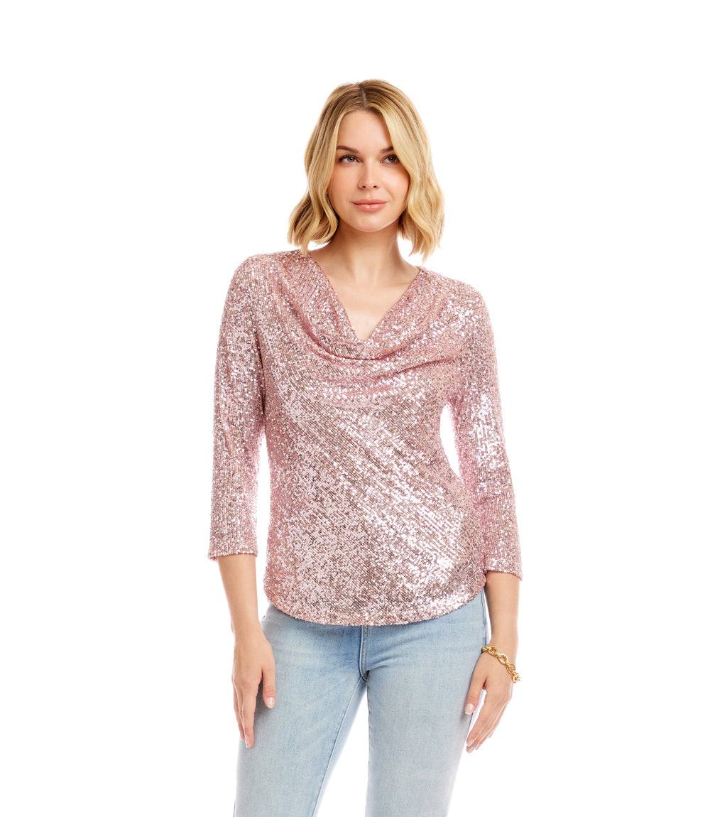 3/4 Sleeve Drape Front Sequin Top