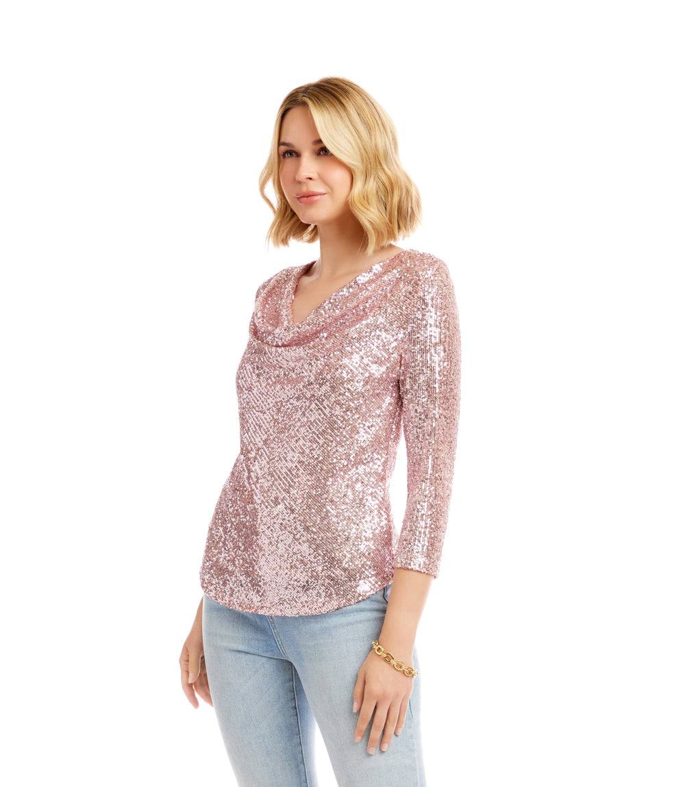 3/4 Sleeve Drape Front Sequin Top
