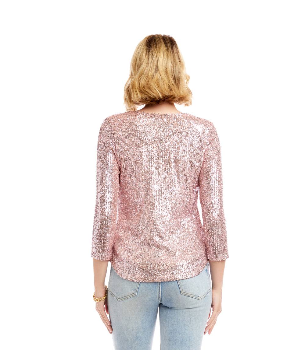 3/4 Sleeve Drape Front Sequin Top