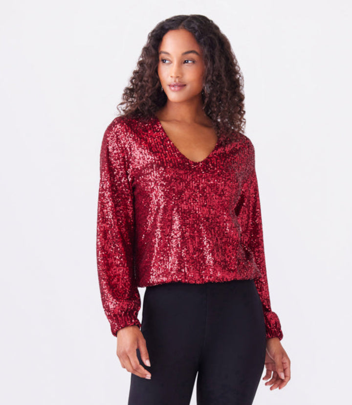 Blouson Sleeve Sequin V-Neck Top