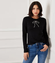 Long Sleeve Embellished Bow Top with crew neck and sparkling bow detail