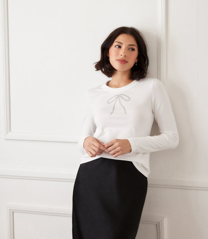 Long Sleeve Embellished Bow Top