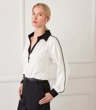Long sleeve colorblock top with raglan sleeves and edge stitching