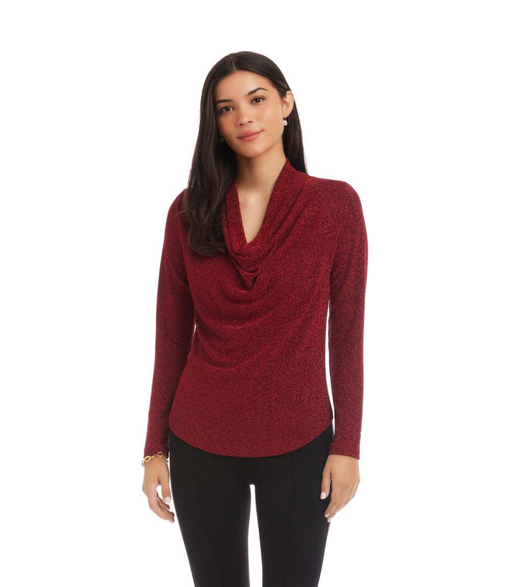 Long Sleeve Metallic Knit Drape Neck Top