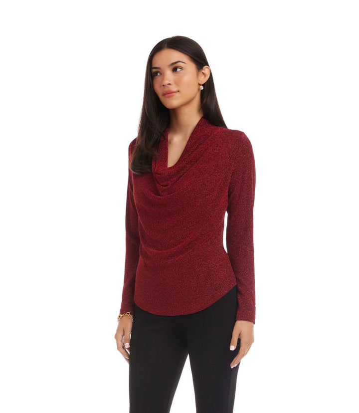 Long Sleeve Metallic Knit Drape Neck Top