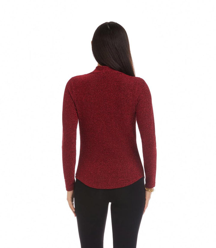 Long Sleeve Metallic Knit Drape Neck Top