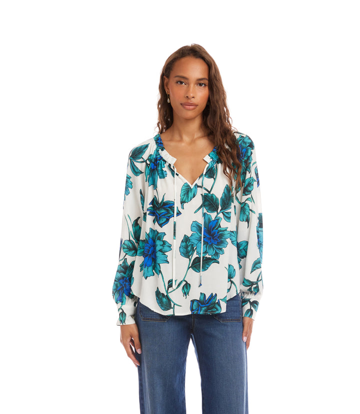 Blouson Sleeve Ruffle Tie-Neck Peasant Top