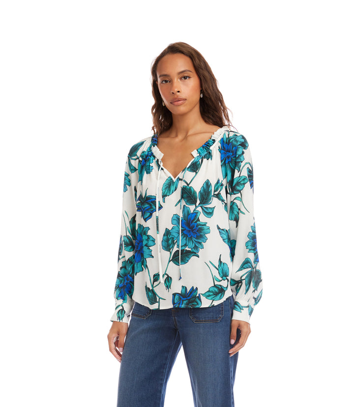 Blouson Sleeve Ruffle Tie-Neck Peasant Top