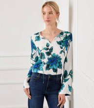 Blue Wild Rose keyhole side-slit sleeve tunic top with tie neck and relaxed fit