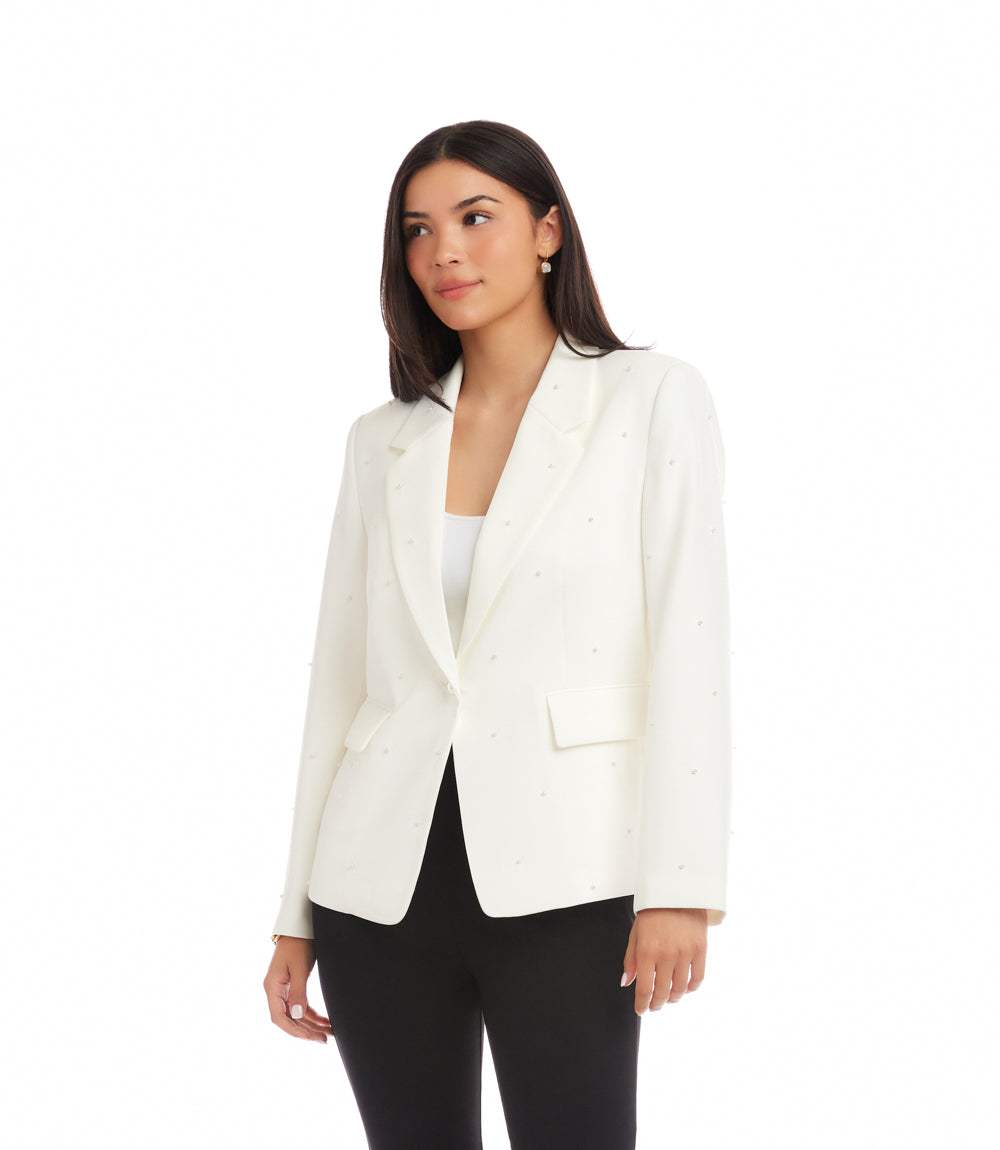 Pearl Embellished Blazer - Elegant Tailored Jacket with Pearl Details Karen Kane Pearl Embellished Blazer - Elegant Tailored Jacket with Pearl Details Karen Kane